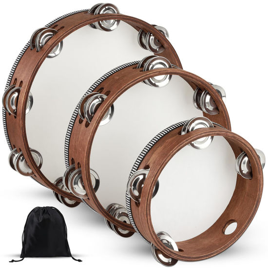 Picture of Tambourine, Tambourines for Adults, 3 PCS Wooden Hand Held Percussion Tambourine with Storage Bag, Tambourines Musical Instrument for Church, Wedding, Party, Dance, Photo Shoot(6+8+10 Inches)