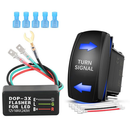 Picture of Nilight Turn Signal Switch with Flasher Relay Kit 4PIN ON Off ON Rocker Switch w/Blue LED Laser Etched SPDT Toggle Switches 12V 20A 24V 10A Jumper Wires for ATV UTV Tractor Motorcycle