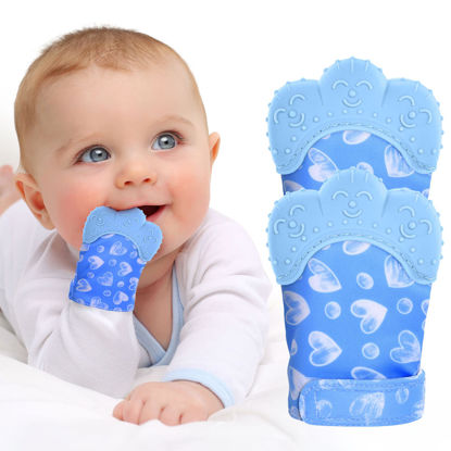 Picture of 2Pack Silicone Teething Mitt, Soothing Infant Teething Mitten Pain Relief, Prevent Scratches Glove, Safe Silicone Teething Toys for 0-12 Months Blue Heart