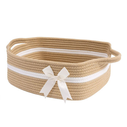 Picture of CHICVITA Small Woven Rope Gift Basket, Baby Nursery Storage Basket for Towels, Snacks, Toys, Diapers, Rectangle Shelf Basket for Bathroom, Cute Brown Basket, 13 x 9.8 x 5 inches