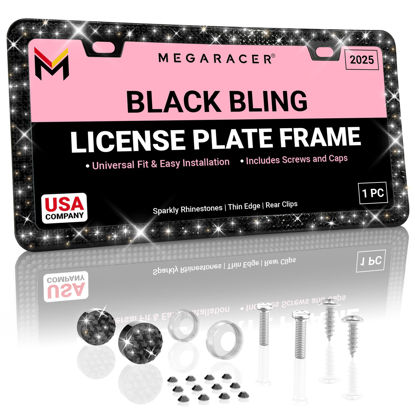 Picture of Mega Racer Black Bling License Plate Frame 1 Pack - 650 Pieces Premium Crystal Diamond Rhinestones, 2 Holes Stainless Steel Weatherproof