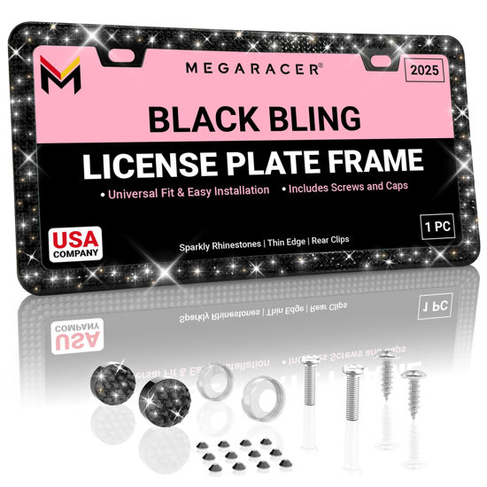 Picture of Mega Racer Black Bling License Plate Frame 1 Pack - 650 Pieces Premium Crystal Diamond Rhinestones, 2 Holes Stainless Steel Weatherproof