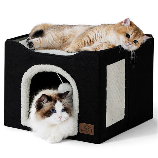Picture of Bedsure Cat Beds for Indoor Cats - Large Cat Cave for Pet Cat House with Fluffy Ball Hanging and Scratch Pad, Foldable Cat Hideaway,16.5x16.5x13 inches, Black