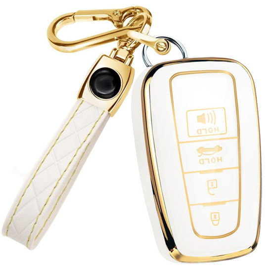 Picture of for Toyota Camry Key Fob Cover and Leather Keychain - Full Cover Key Case for Toyota Corolla, RAV4, Avalon, Prius, C-HR - 2019-2024 TPU Keyfob Cover Compatible with HYQ14FBE - White and Gold