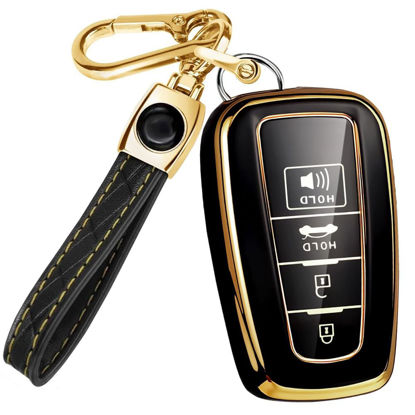 Picture of for Toyota Camry Key Fob Cover and Leather Keychain - Full Cover Key Case for Toyota Corolla, RAV4, Avalon, Prius, C-HR - 2019-2024 TPU Keyfob Cover Compatible with HYQ14FBE - Black and Gold