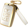 Picture of for Range Rover Key Fob Cover and Leather Keychain, Full Cover Key Case for Jaguar XE XJ XF for Land Rover Sport, Velar, Evoque, Defender, Discovery TPU Keyfob Cover for KOBJXF18A - White and Gold