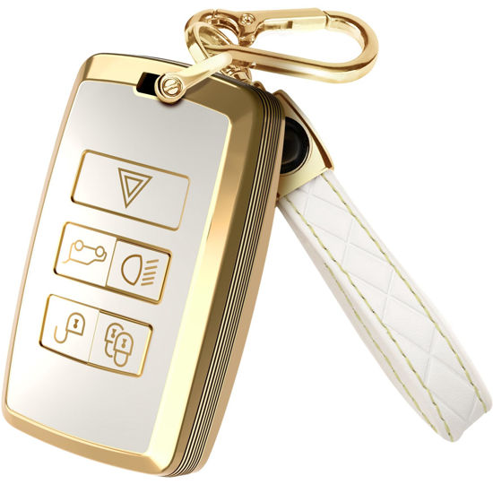 Picture of for Range Rover Key Fob Cover and Leather Keychain, Full Cover Key Case for Jaguar XE XJ XF for Land Rover Sport, Velar, Evoque, Defender, Discovery TPU Keyfob Cover for KOBJXF18A - White and Gold