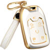 Picture of for Chevy Suburban Key Fob Cover and Leather Keychain - Full Cover Key Case for GMC Acadia Sierra Tahoe Terrain Yukon - 2014-2023 TPU Keyfob Cover for Silverado HYQ1AA - White and Gold