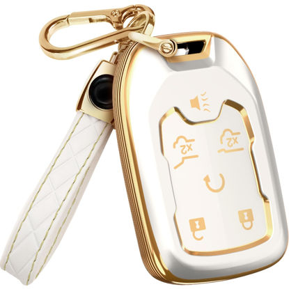 Picture of for Chevy Suburban Key Fob Cover and Leather Keychain - Full Cover Key Case for GMC Acadia Sierra Tahoe Terrain Yukon - 2014-2023 TPU Keyfob Cover for Silverado HYQ1AA - White and Gold