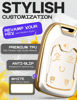 Picture of for Chevy Suburban Key Fob Cover and Leather Keychain - Full Cover Key Case for GMC Acadia Sierra Tahoe Terrain Yukon - 2014-2023 TPU Keyfob Cover for Silverado HYQ1AA - White and Gold