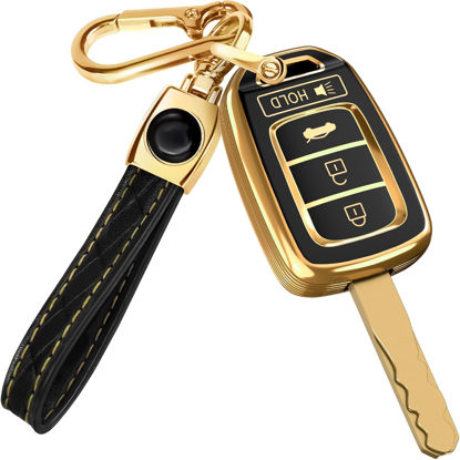 Picture of for Honda Civic Key Fob Cover and Leather Keychain - Full Cover Key Case for Honda Accord, CR-V SE, CRV LX, HR-V - 2014-2022 TPU Keyfob Cover Compatible with MLBHLIK6-1T - Black and Gold