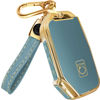 Picture of for Kia Key Fob Cover and Leather Keychain - Full Cover Key Case for Kia Sportage, Soul, Forte, Telluride, EV6, NIRO, K5, Stinger - 2018-2023 TPU Keyfob Cover - Blue and Gold