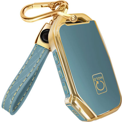 Picture of for Kia Key Fob Cover and Leather Keychain - Full Cover Key Case for Kia Sportage, Soul, Forte, Telluride, EV6, NIRO, K5, Stinger - 2018-2023 TPU Keyfob Cover - Blue and Gold