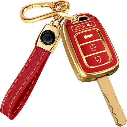 Picture of for Honda Civic Key Fob Cover and Leather Keychain - Full Cover Key Case for Honda Accord, CR-V SE, CRV LX, HR-V - 2014-2022 TPU Keyfob Cover Compatible with MLBHLIK6-1T - Red and Gold