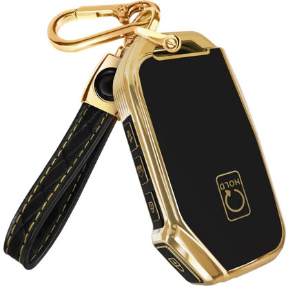 Picture of for Kia Key Fob Cover and Leather Keychain - Full Cover Key Case for Kia Sportage, Soul, Forte, Telluride, EV6, NIRO, K5, Stinger - 2018-2023 TPU Keyfob Cover - Black and Gold