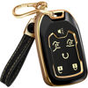 Picture of for Chevy Suburban Key Fob Cover and Leather Keychain - Full Cover Key Case for GMC Acadia Sierra Tahoe Terrain Yukon - 2014-2023 TPU Keyfob Cover for Silverado HYQ1AA - Black and Gold