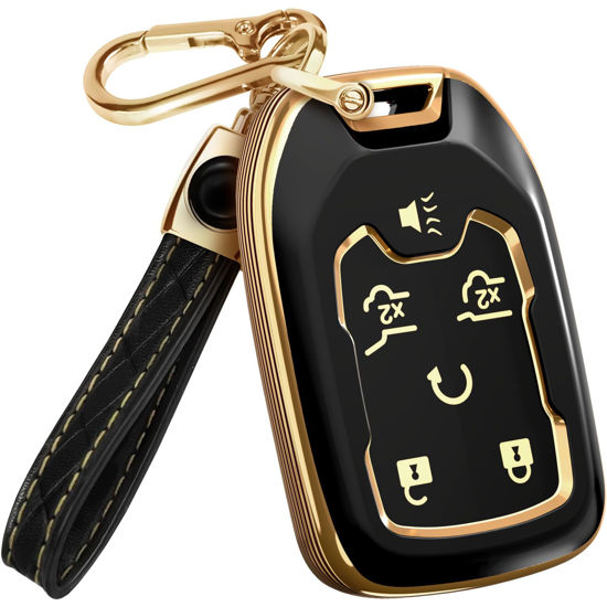Picture of for Chevy Suburban Key Fob Cover and Leather Keychain - Full Cover Key Case for GMC Acadia Sierra Tahoe Terrain Yukon - 2014-2023 TPU Keyfob Cover for Silverado HYQ1AA - Black and Gold