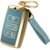 Picture of for Range Rover Key Fob Cover and Leather Keychain, Full Cover Key Case for Jaguar XE XJ XF for Land Rover Sport, Velar, Evoque, Defender, Discovery TPU Keyfob Cover for KOBJXF18A - Blue and Gold