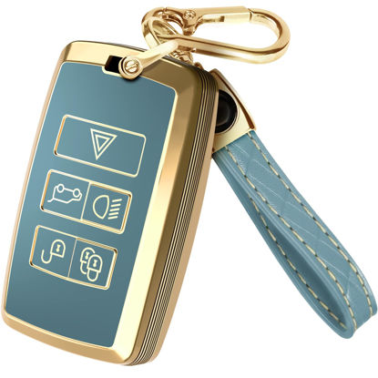 Picture of for Range Rover Key Fob Cover and Leather Keychain, Full Cover Key Case for Jaguar XE XJ XF for Land Rover Sport, Velar, Evoque, Defender, Discovery TPU Keyfob Cover for KOBJXF18A - Blue and Gold