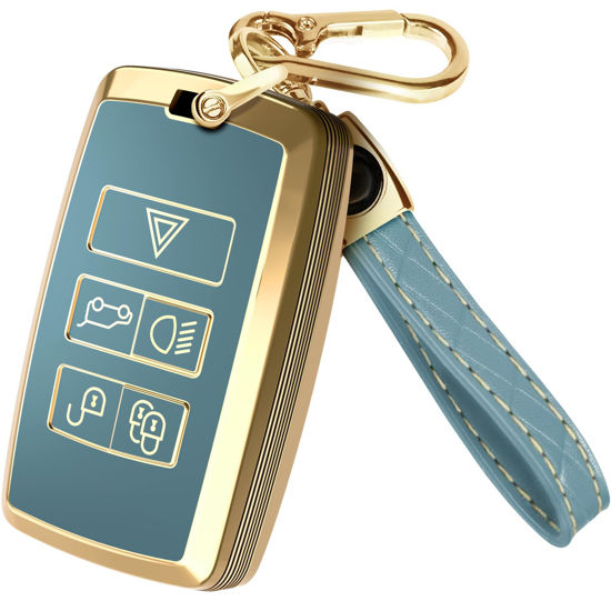 Picture of for Range Rover Key Fob Cover and Leather Keychain, Full Cover Key Case for Jaguar XE XJ XF for Land Rover Sport, Velar, Evoque, Defender, Discovery TPU Keyfob Cover for KOBJXF18A - Blue and Gold