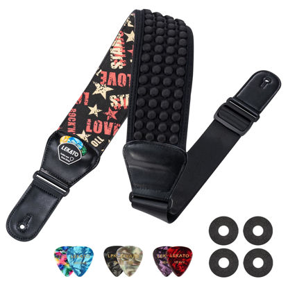 Picture of LEKATO Guitar Bass Strap for Electric Guitar Bass, 3" Wide Padded Guitar Strap Neoprene Pad with 3D Sponge Filling Adjustable Length from 45" to 55" with Strap Locks, Picks, Love Stars