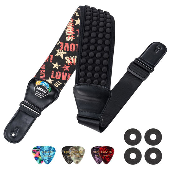 Picture of LEKATO Guitar Bass Strap for Electric Guitar Bass, 3" Wide Padded Guitar Strap Neoprene Pad with 3D Sponge Filling Adjustable Length from 45" to 55" with Strap Locks, Picks, Love Stars