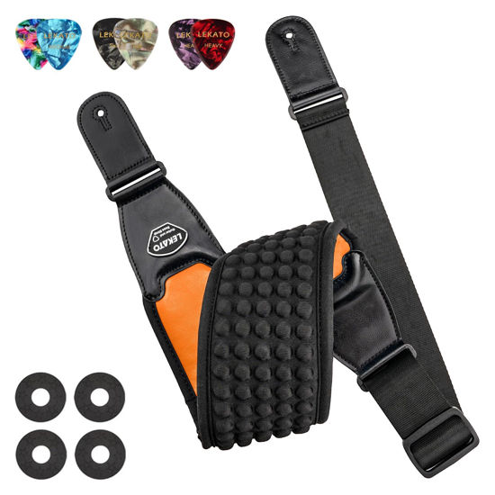 Picture of LEKATO Guitar Straps for Electric Guitar Bass, 3.5" Wide Padded Guitar Strap Neoprene Pad with 3D Sponge Filling Bass Guitar Straps Adjustable Length from 45" to 55" with Strap Locks, Picks, Orange