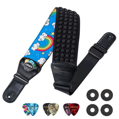 Picture of LEKATO Guitar Bass Strap for Electric Guitar Bass, 3" Wide Padded Guitar Strap Neoprene Pad with 3D Sponge Filling Adjustable Length from 45" to 55" with Strap Locks, Picks, Rainbow