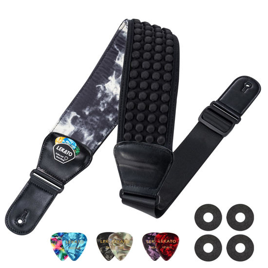 Picture of LEKATO Guitar Bass Strap for Electric Guitar Bass, 3" Wide Padded Guitar Strap Neoprene Pad with 3D Sponge Filling Adjustable Length from 45" to 55" with Strap Locks, Picks, Smoke