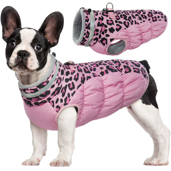 Picture of FUAMEY Dog Winter Coat,Dog Cold Weather Coats Dog Jackets with Zipper on Back with Harness Built in Dog Paded Vest Water Resistant Reflective Jacket for Small Medium Large Dogs Pink Leopard M