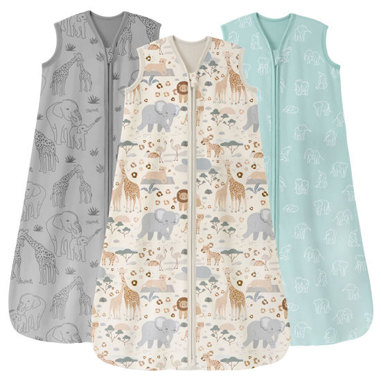 Picture of Unnivoll Baby Sleep Sack 18-24 Months 3 Pack 100% Cotton Lightweight 0.5 TOG Wearable Blanket Baby Sleep Bag with 2-Way Zipper for Newborn Infant Apricot Gray Green Elephant