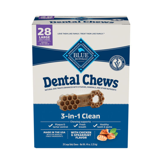 Picture of Blue Buffalo Large Dental Chews for Dogs, Daily Dental Care Dog Treats Made in The USA with Natural Ingredients, Chicken & Spearmint (44-oz Box, 28 Count)