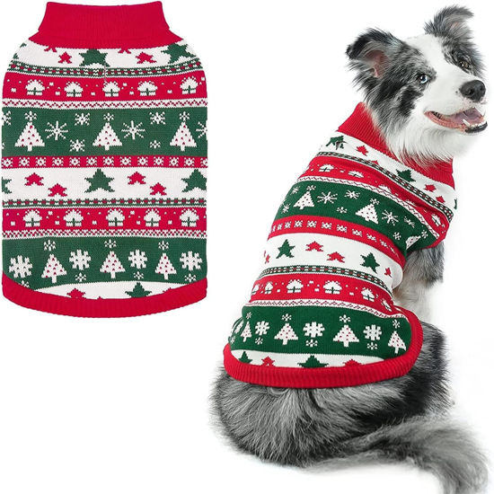 Picture of PUPTECK Christmas Dog Sweaters for Cold Weather, Soft Outfit Warm Winter Coat Knitted Dog Clothes for Small Medium Large Doggies Puppy Indoor Outdoor Walking, Colorful Design, Classic, Red&Green ML