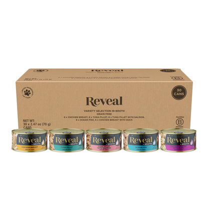 Picture of Reveal Natural Wet Cat Food, 30 Count, Grain Free, Limited Ingredient Canned Food for Cats, Fish and Chicken Variety in Broth, 2.47 oz Cans