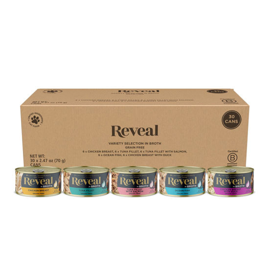 Picture of Reveal Natural Wet Cat Food, 30 Count, Grain Free, Limited Ingredient Canned Food for Cats, Fish and Chicken Variety in Broth, 2.47 oz Cans