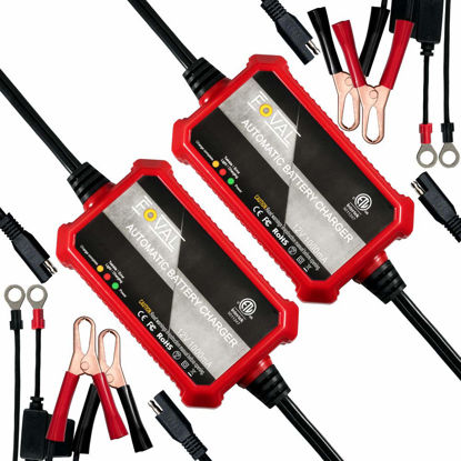Picture of [2-Pack] FOVAL Fully Automatic Trickle Charger, 1000mA 12V Smart car Battery Charger, Battery Maintainer, Float Charger for Motorcycle Car Lawn Mower Boat SLA ATV Wet Gel Cell Lead Acid Batteries