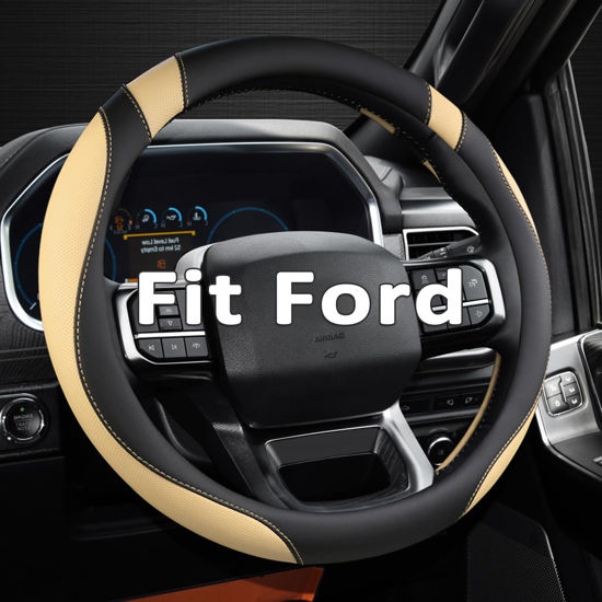 Picture of West Llama Customized Auto Car Steering Wheel Cover for Ford F-150, F-250, F-350, Expedition (Black+Beige)