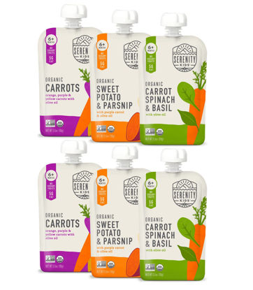 Picture of Serenity Kids 6+ Months Certified Organic Baby Food Pouches Veggie Puree - No Sugary Fruits/Added Sugar - 3.5 Oz BPA & Allergen-Free Packaging - Garden Variety Pack - 6 Count Veggie Puree Pouches