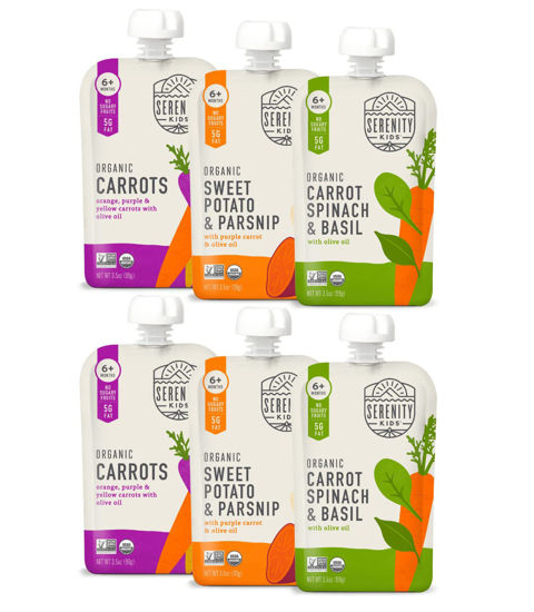 Picture of Serenity Kids 6+ Months Certified Organic Baby Food Pouches Veggie Puree - No Sugary Fruits/Added Sugar - 3.5 Oz BPA & Allergen-Free Packaging - Garden Variety Pack - 6 Count Veggie Puree Pouches