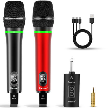 Picture of Bietrun Wireless Microphone, 240FT Rechargeable UHF Metal Dual Cordless Handheld Dynamic Mics with Bluetooth for Karaoke Machine, PA System Speaker, Mixer, Party, Church, Wedding(Red)