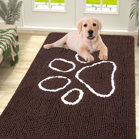 Picture of Smiry Dog Door Mat for Muddy Paws, Absorbent Dirt Trapper Non-Slip Washable Mat, Quick Dry Chenille, Mud Mat for Dogs, Entry Indoor Door Mat for Inside Floor (59x24 Inches, Brown)