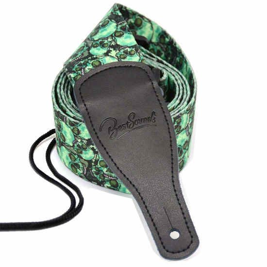Picture of BestSounds Skull Guitar Strap & Genuine Leather Ends Guitar Shoulder Strap,Suitable For Bass, Electric & Acoustic Guitars (Skull Green)
