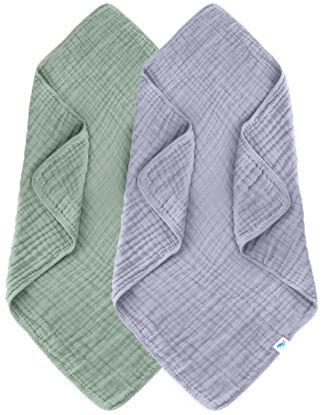Picture of SWEET DOLPHIN Muslin Baby Bath Towels Blanket - 2 Pack 100% Cotton Towel for Babies, Infants, Toddlers - 40x40Inch - Highly Absorbent, Green and Grey