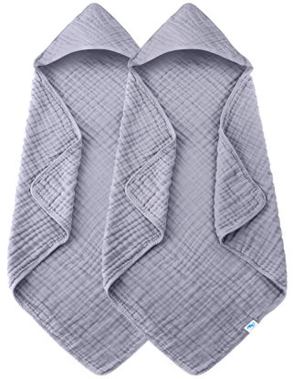 Picture of SWEET DOLPHIN Muslin Hooded Baby Bath Towels - 2 Pack 100% Cotton Towel for Babies, Infants, Toddlers - 32x32Inch - Highly Absorbent and Newborn Essential, Grey