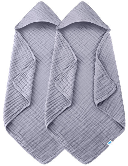 Picture of SWEET DOLPHIN Muslin Hooded Baby Bath Towels - 2 Pack 100% Cotton Towel for Babies, Infants, Toddlers - 32x32Inch - Highly Absorbent and Newborn Essential, Grey