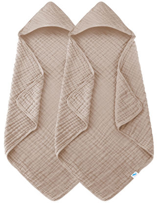 Picture of SWEET DOLPHIN Muslin Hooded Baby Bath Towels - 2 Pack 100% Cotton Towel for Babies, Infants, Toddlers - 32x32Inch - Highly Absorbent and Newborn Essential, Brown
