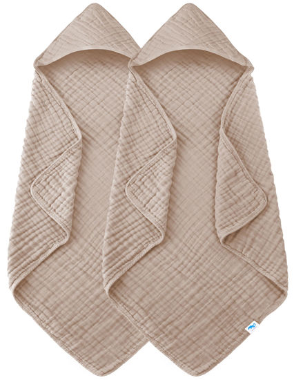 Picture of SWEET DOLPHIN Muslin Hooded Baby Bath Towels - 2 Pack 100% Cotton Towel for Babies, Infants, Toddlers - 32x32Inch - Highly Absorbent and Newborn Essential, Brown