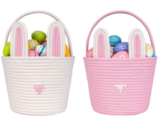 Picture of CubesLand Easter Baskets Easter Bunny Basket Empty Easter Buckets for Kids, Easter Egg Hunt Basket Bags Stable Soft Easter Gifts Basket for Girls Baby Kids Children 9.8 x 7.8 x 7.8" 2-Piece