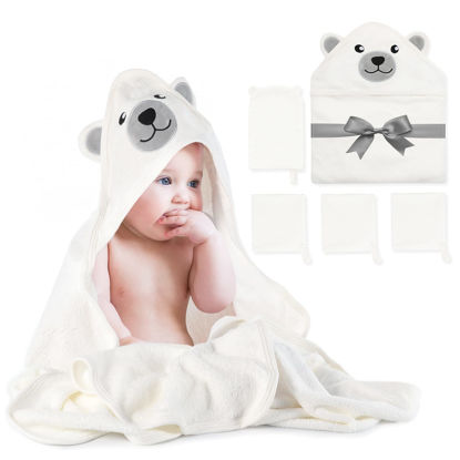 Picture of Momcozy Baby Bath Towel Set, Baby Towel with Hood and Baby Washcloth|Baby Bath Glove, Extremely Soft, Breathable, Suitable for Girls and Boys