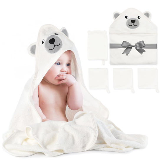 Picture of Momcozy Baby Bath Towel Set, Baby Towel with Hood and Baby Washcloth|Baby Bath Glove, Extremely Soft, Breathable, Suitable for Girls and Boys